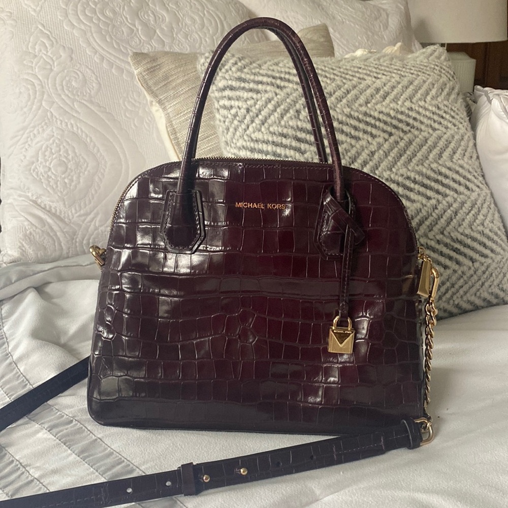 Michael Kors Burgundy Croc Embossed Leather Satchel Gold Hardware